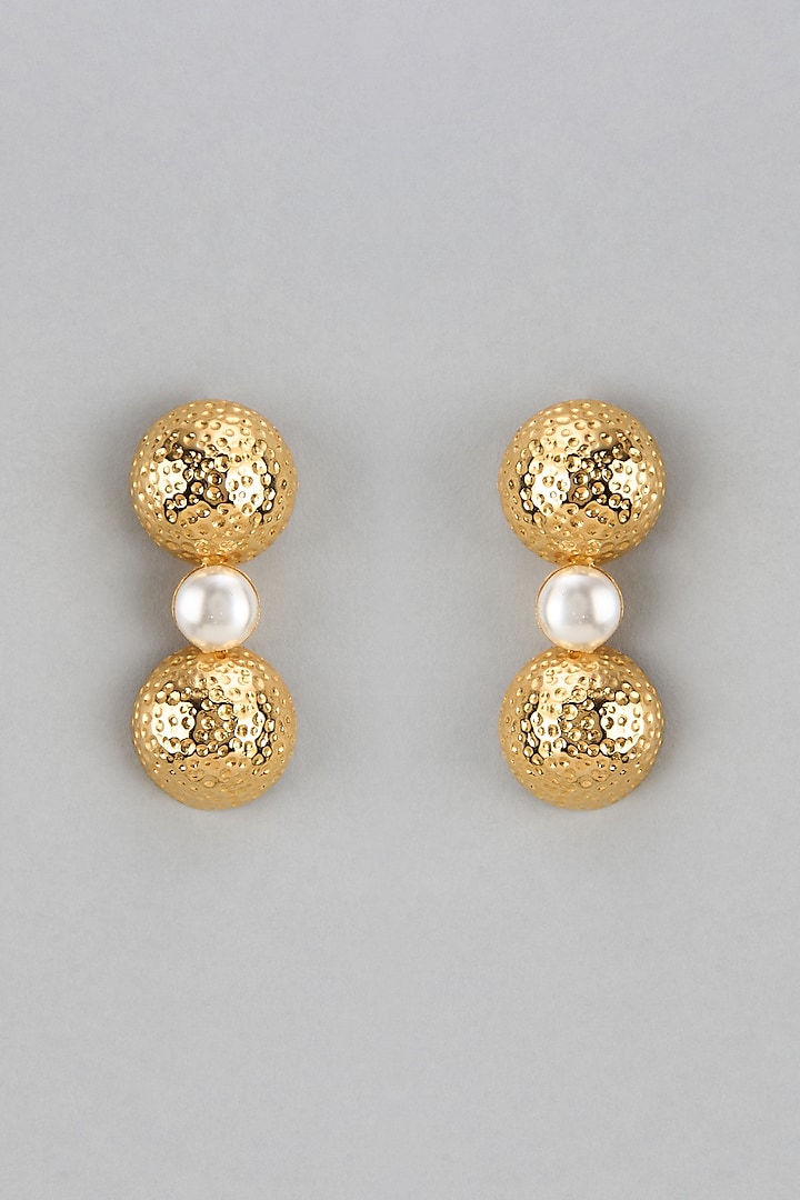 Gold Finish Pearl Dangler Earrings by Divya Chugh