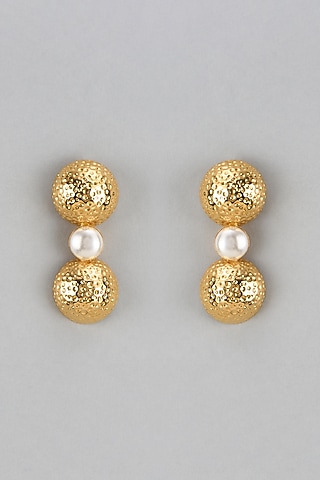Gold Finish Pearl Dangler Earrings by Divya Chugh