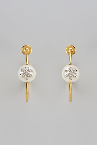Gold Finish Zircon & Pearl Hoop Earrings by Divya Chugh