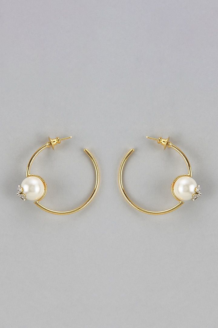 Gold Finish Zircon & Pearl Hoop Earrings by Divya Chugh at Pernia's Pop Up Shop