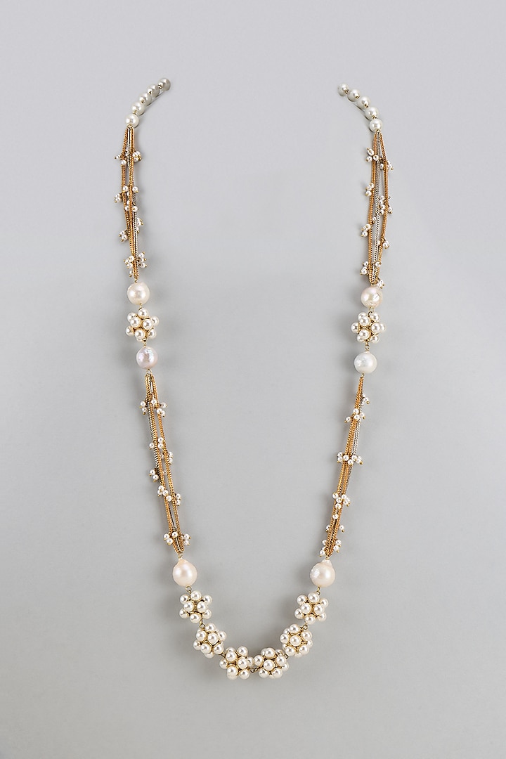 Gold Finish Baroque Pearl Long Necklace by Divya Chugh