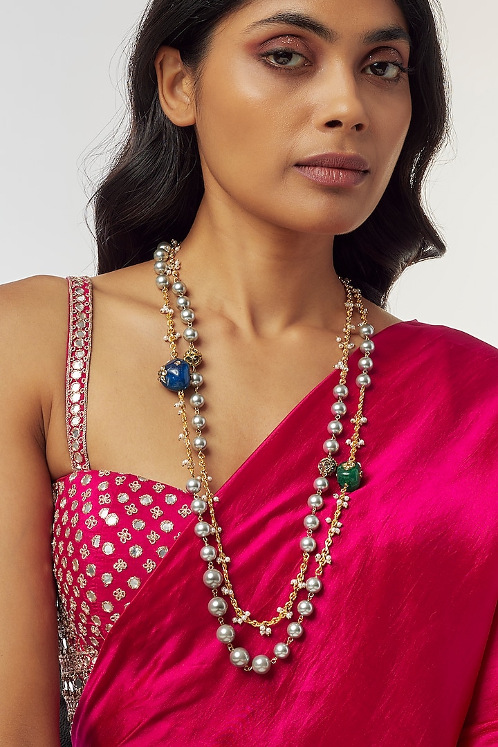 Gold Finish Tumble & Grey Pearl Long Necklace by Divya Chugh