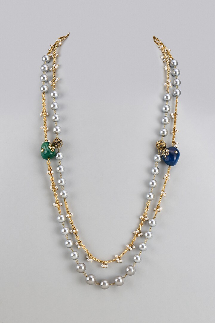 Gold Finish Tumble & Grey Pearl Long Necklace by Divya Chugh at Pernia's Pop Up Shop