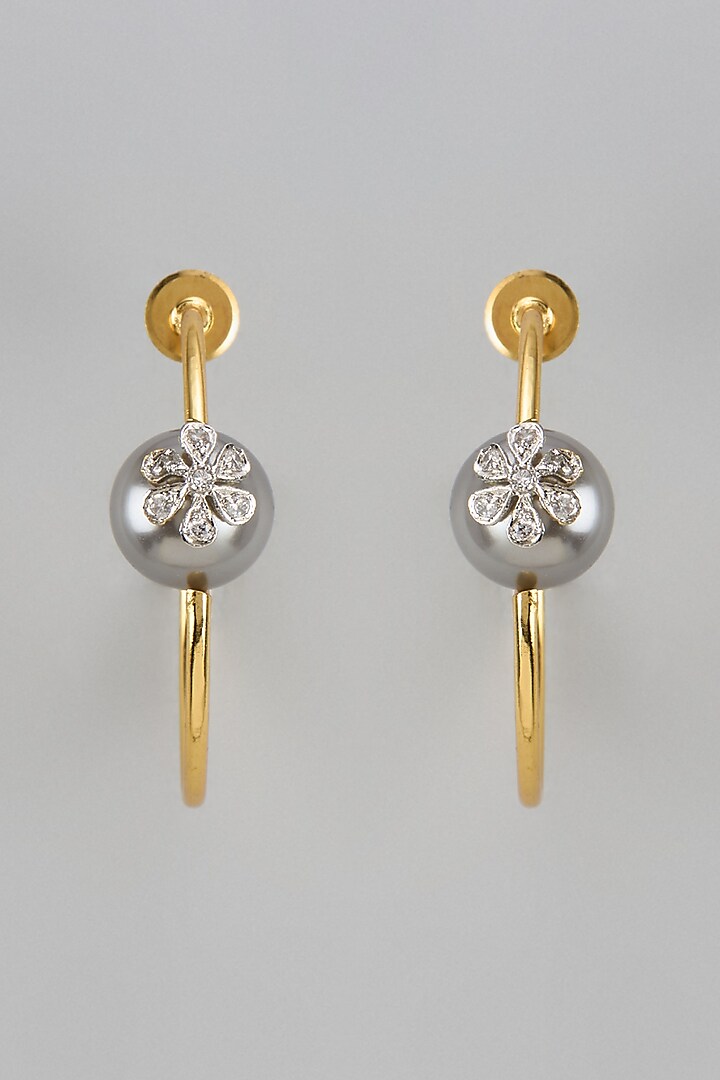 Gold Finish Zircon & Grey Pearl Hoop Earrings by Divya Chugh