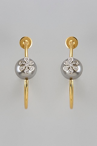 Gold Finish Zircon & Grey Pearl Hoop Earrings by Divya Chugh