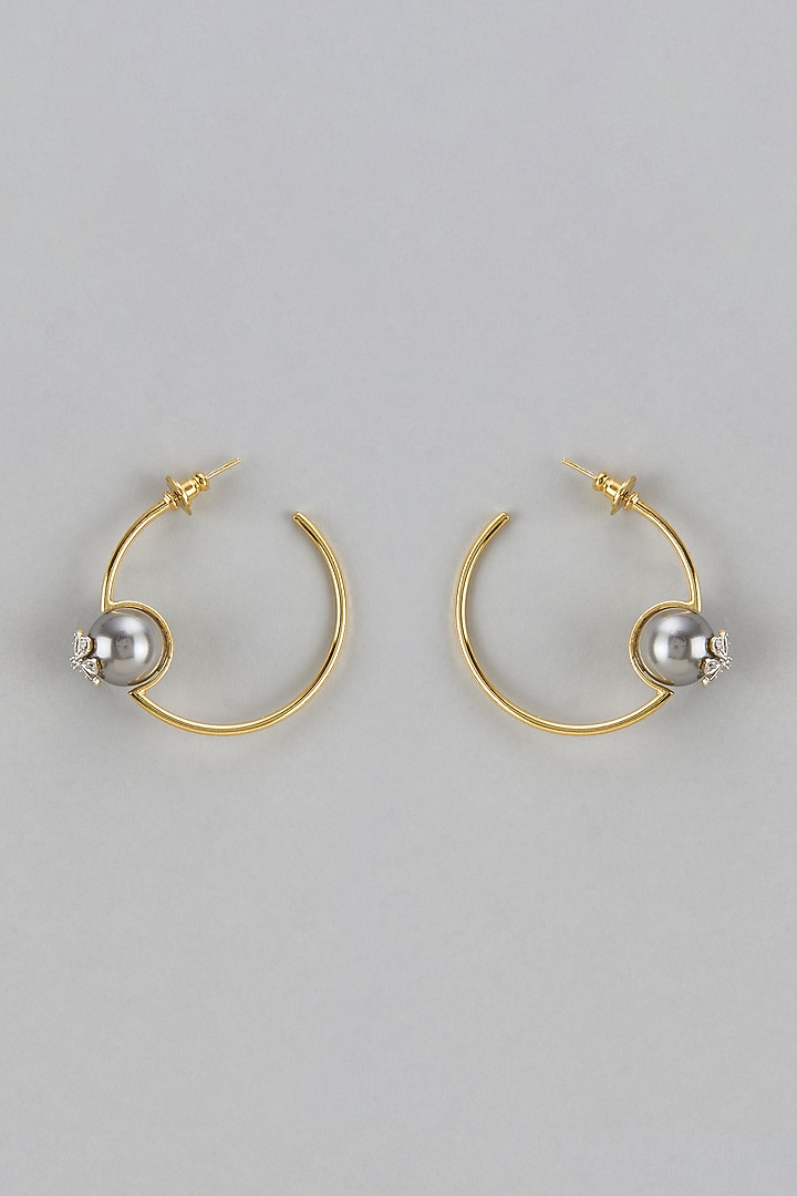 Gold Finish Zircon & Grey Pearl Hoop Earrings by Divya Chugh at Pernia's Pop Up Shop