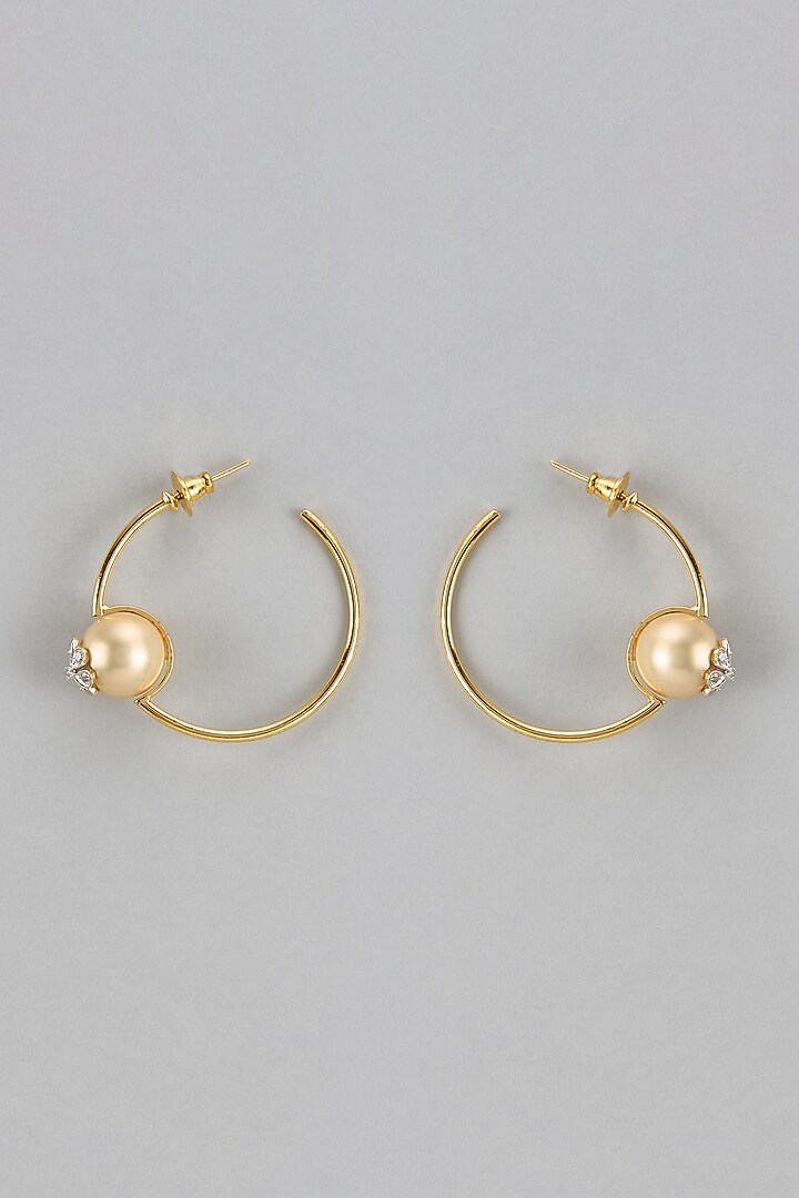 Gold Finish Zircon & Pearl Hoop Earrings by Divya Chugh at Pernia's Pop Up Shop