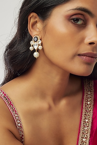 Gold Finish Kundan Polki & Pearl Dangler Earrings by Divya Chugh