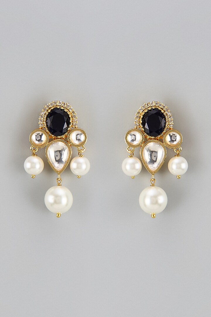 Gold Finish Kundan Polki & Pearl Dangler Earrings by Divya Chugh at Pernia's Pop Up Shop