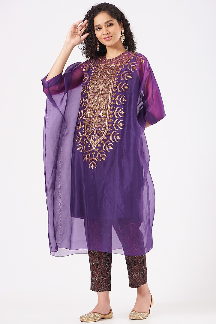 Purple Organza Embroidered Kaftan Set by Divya Sheth