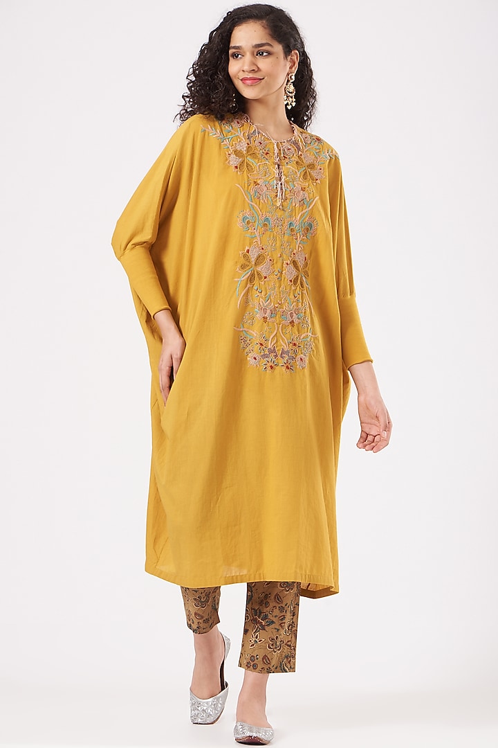 Yellow Cotton Embroidered Kaftan Set by Divya Sheth