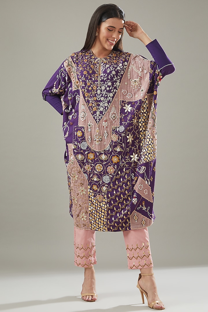 Purple Cotton Embroidered Kaftan Set by Divya Sheth