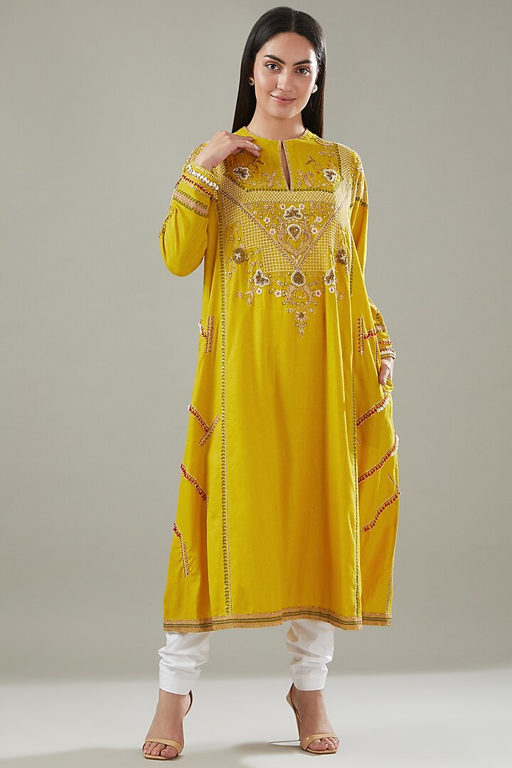 Yellow Cotton Embroidered Kurta Set by Divya Sheth