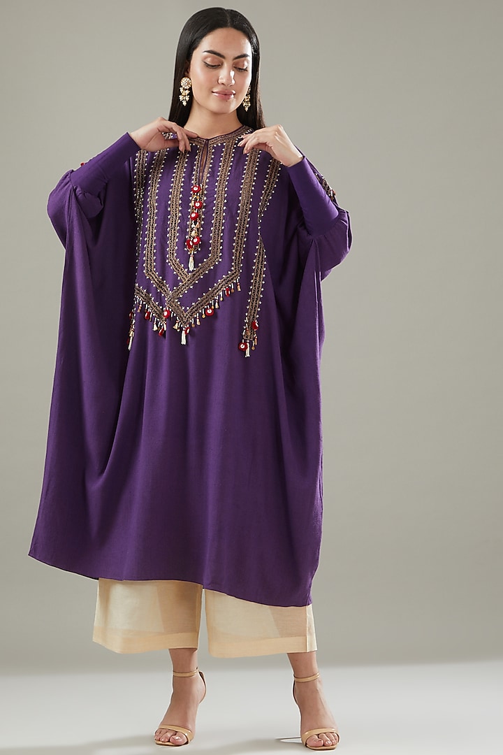 Purple Organza Embroidered Kaftan Set by Divya Sheth