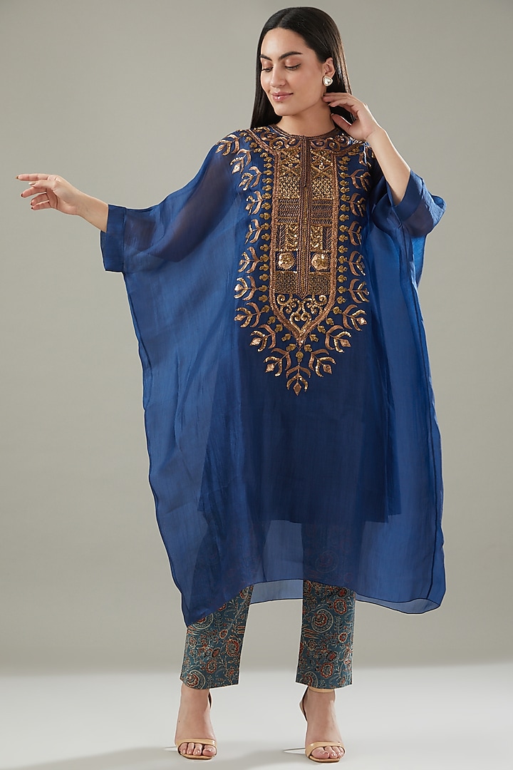 Blue Organza Embroidered Kaftan Set by Divya Sheth