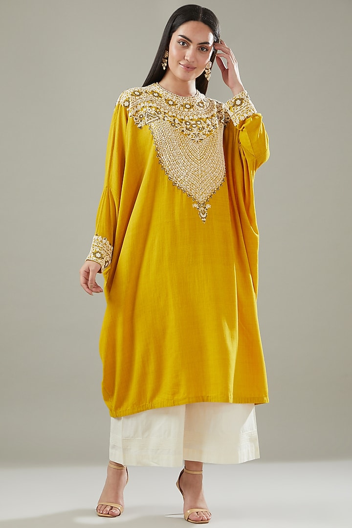 Yellow Cotton Embroidered Kaftan Set by Divya Sheth