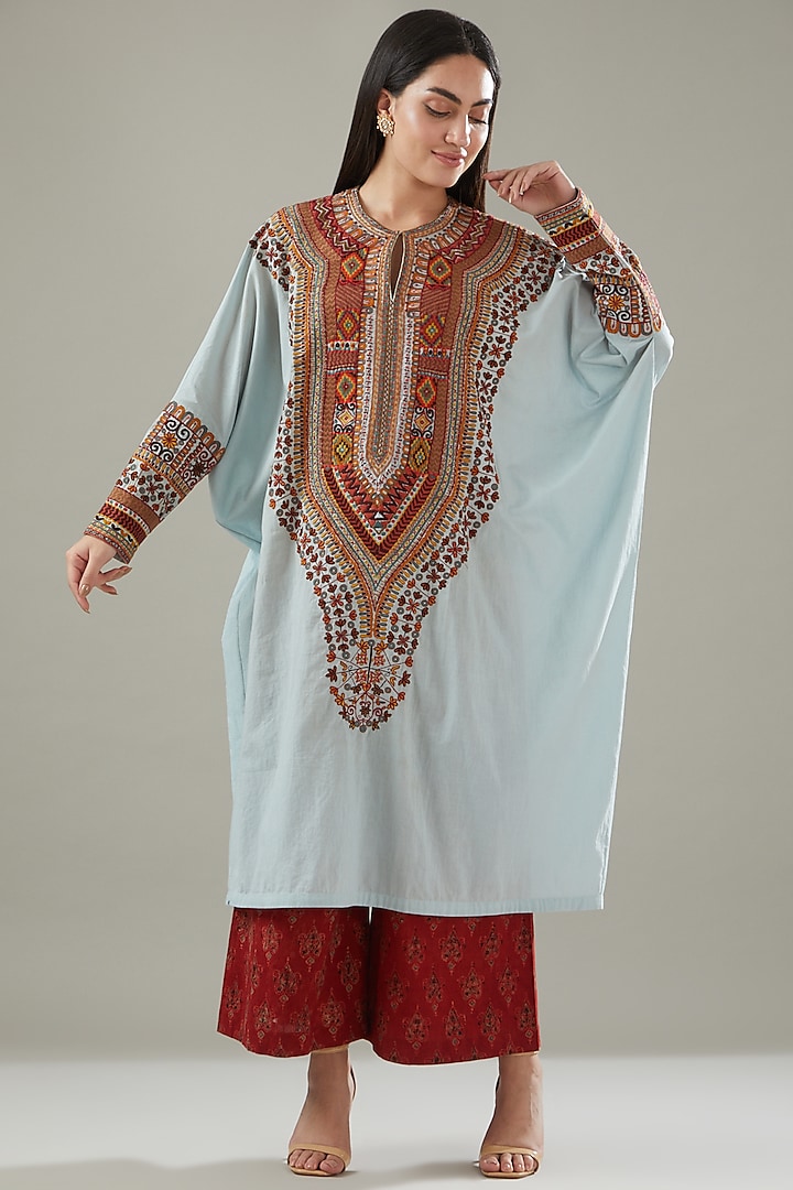 Blue Cotton Embroidered Kaftan Set by Divya Sheth at Pernia's Pop Up Shop