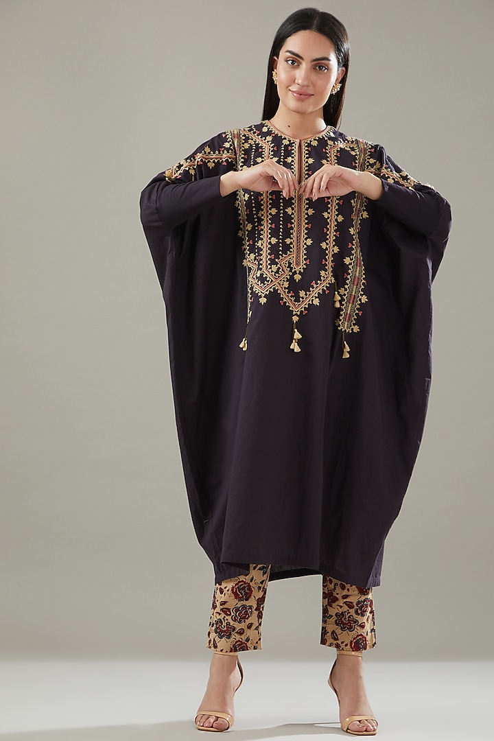 Black Cotton Embroidered Kaftan Set by Divya Sheth