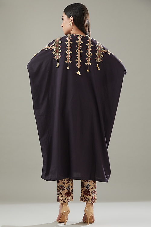 Black Cotton Embroidered Kaftan Set by Divya Sheth