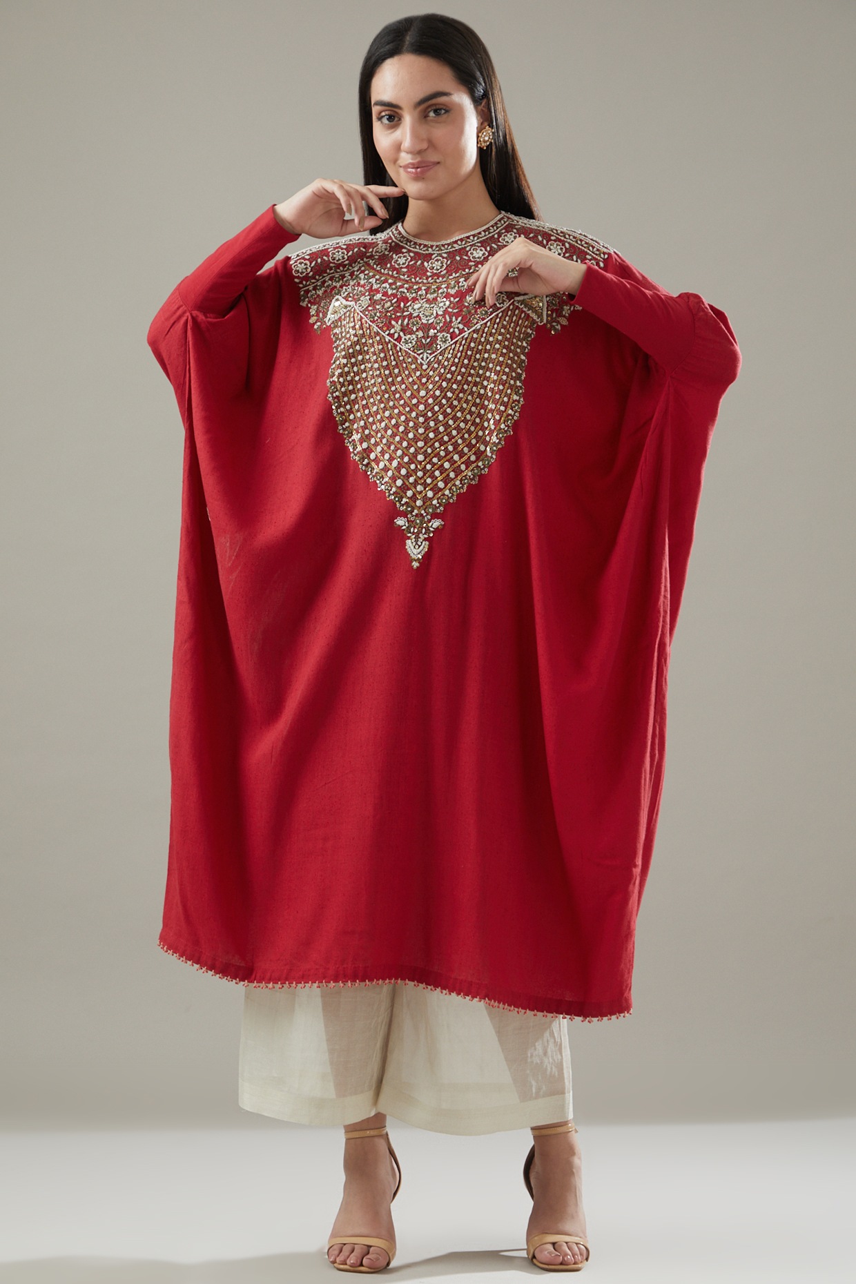 Red - Pochampally Ikat Cotton Kaftan with Desert Thread Embroidery (Short) 57