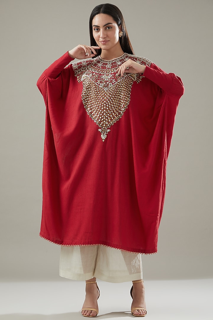 Red Cotton Embroidered Kaftan Set by Divya Sheth