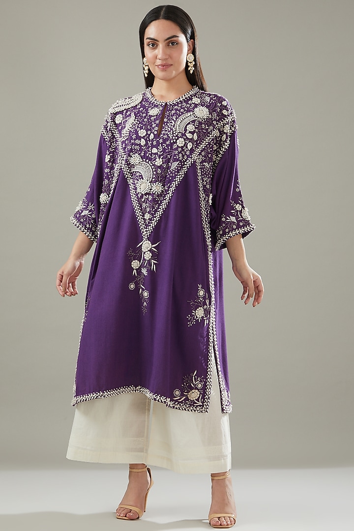 Purple Matka Silk Embroidered Kaftan Set by Divya Sheth