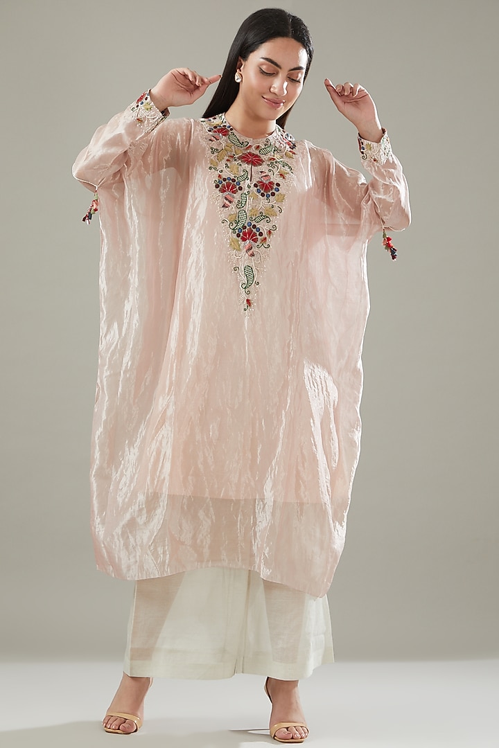 Blush Pink Matka Silk Embroidered Kaftan Set by Divya Sheth