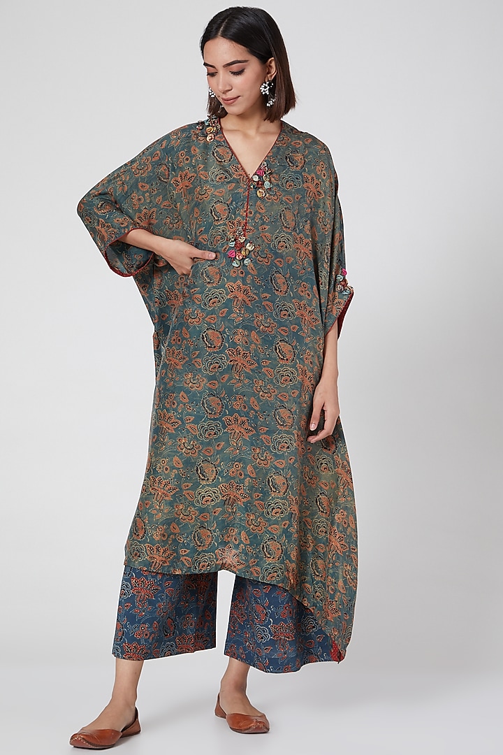 Cobalt Blue Block Printed Kaftan Kurta Set by Divya Sheth