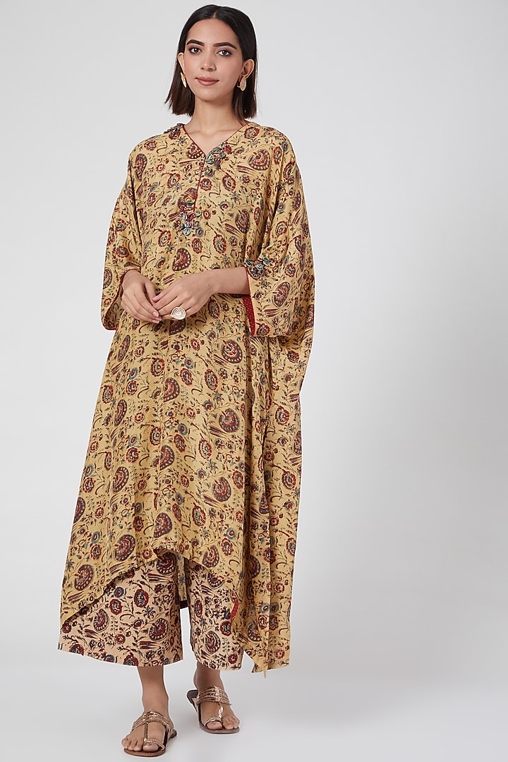 Mustard Cotton & Silk Block Printed Kaftan Kurta Set by Divya Sheth