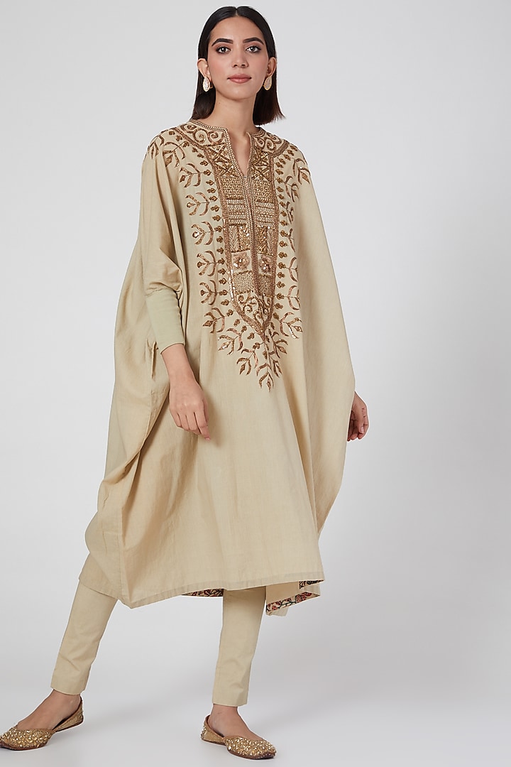 Nude Cotton & Stretch Cotton Hand Embroidered Kaftan Kurta Set by Divya Sheth