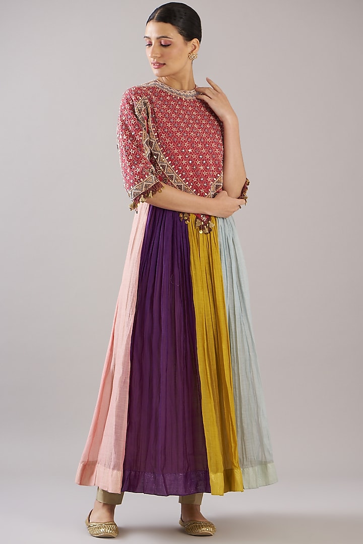 Multi-Colored Cotton Hand Embroidered Anarkali Set by Divya Sheth