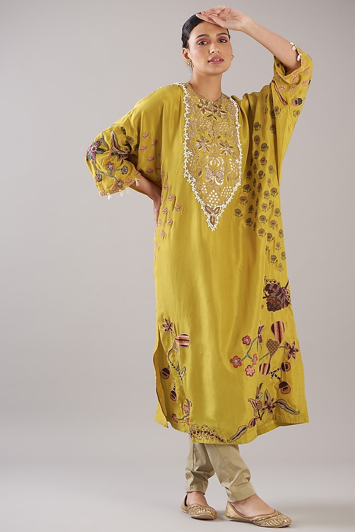 Yellow Silk Hand Embroidered Kurta Set by Divya Sheth