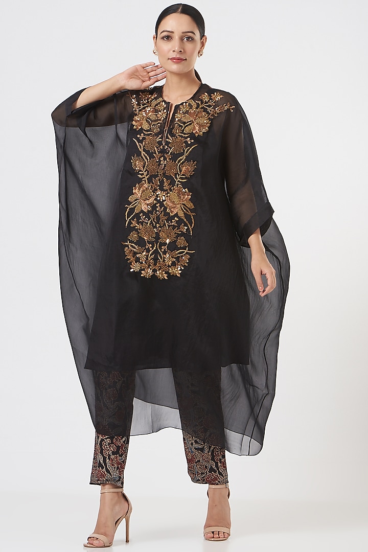 Black Organza Embroidered Kaftan Set  by Divya Sheth