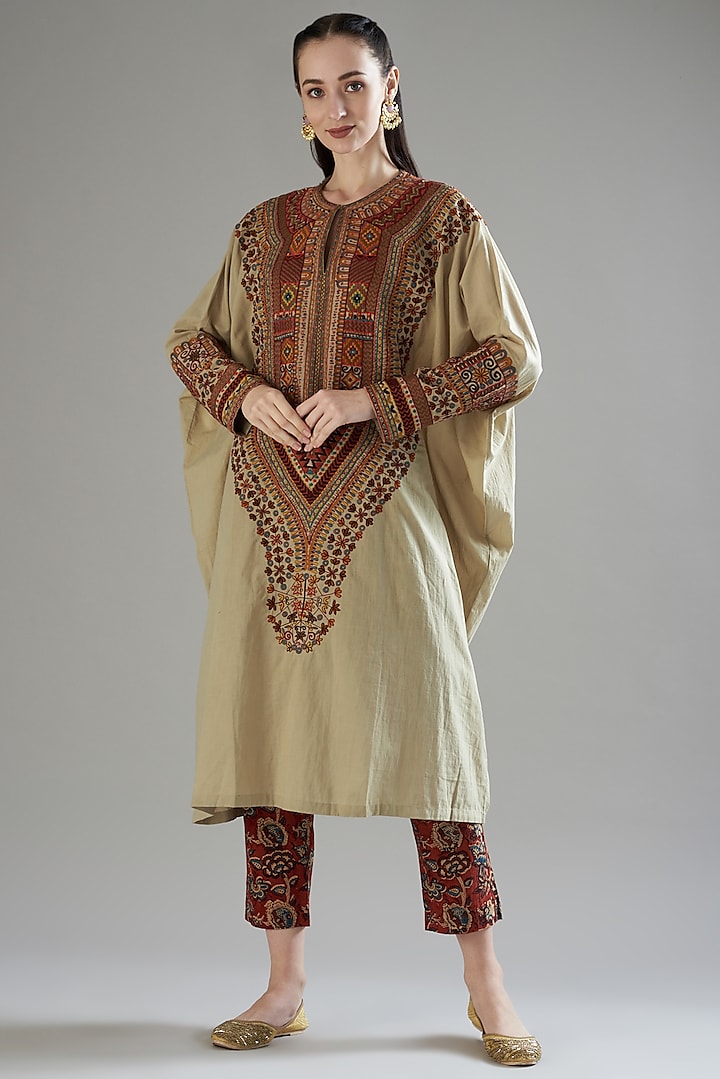 Beige Embroidered Kaftan Set by Divya Sheth at Pernia's Pop Up Shop