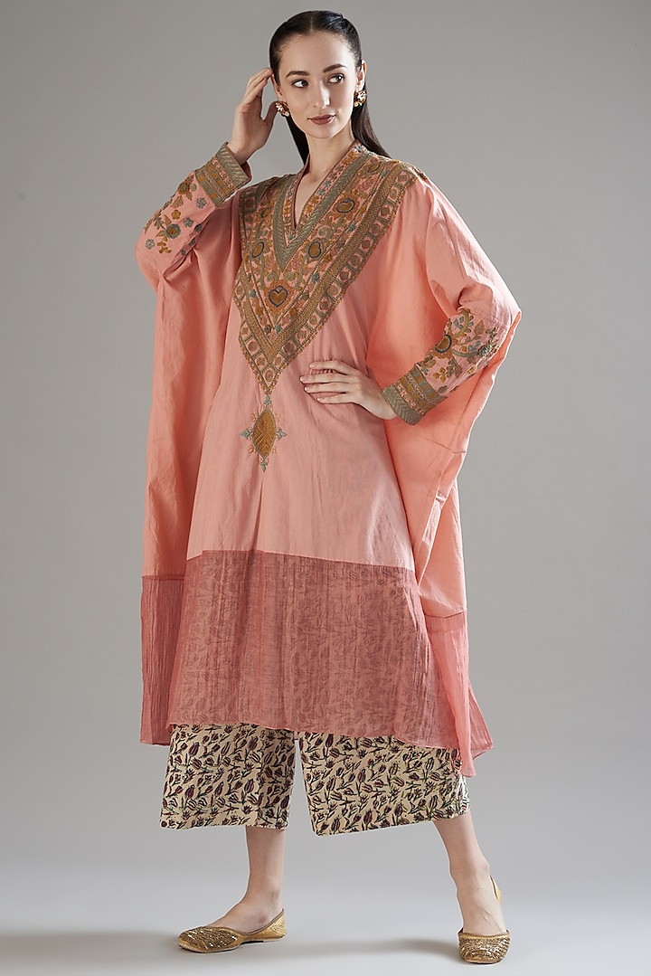 Blush Pink Thread Embroidered Kaftan Set by Divya Sheth