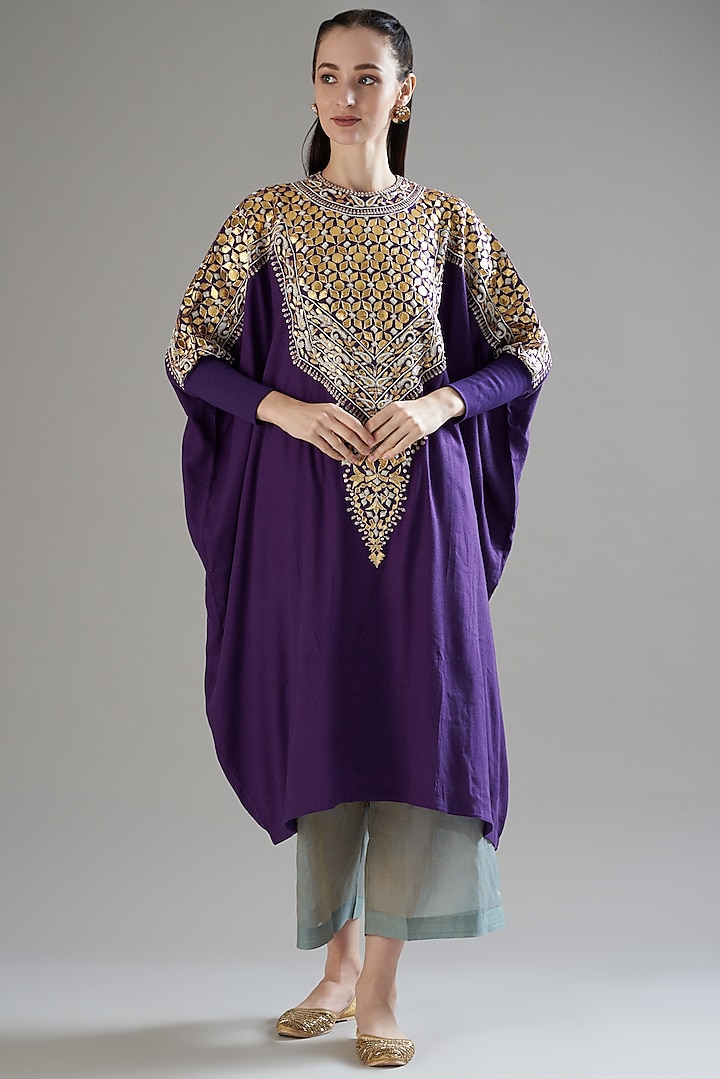 Purple Thread Embroidered Kaftan Set by Divya Sheth