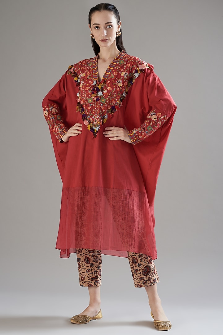 Red Cotton Embroidered Kaftan Set by Divya Sheth