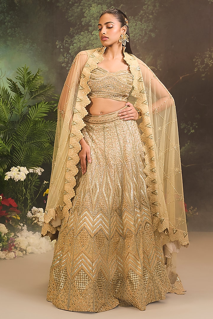 Gold Ombre Organza Embellished Bridal Lehenga Set by Divya Aggarwal at Pernia's Pop Up Shop