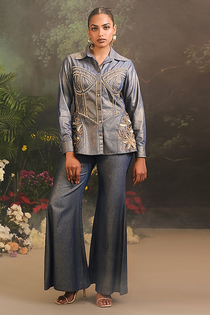 Blue Foil Denim Embellished Co-Ord Set by Divya Aggarwal at Pernia's Pop Up Shop