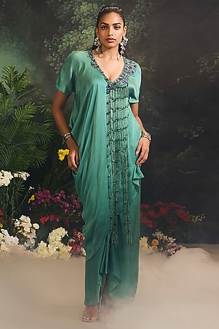 Sage Satin Georgette Embellished Asymmetric Kurta Set by Divya Aggarwal