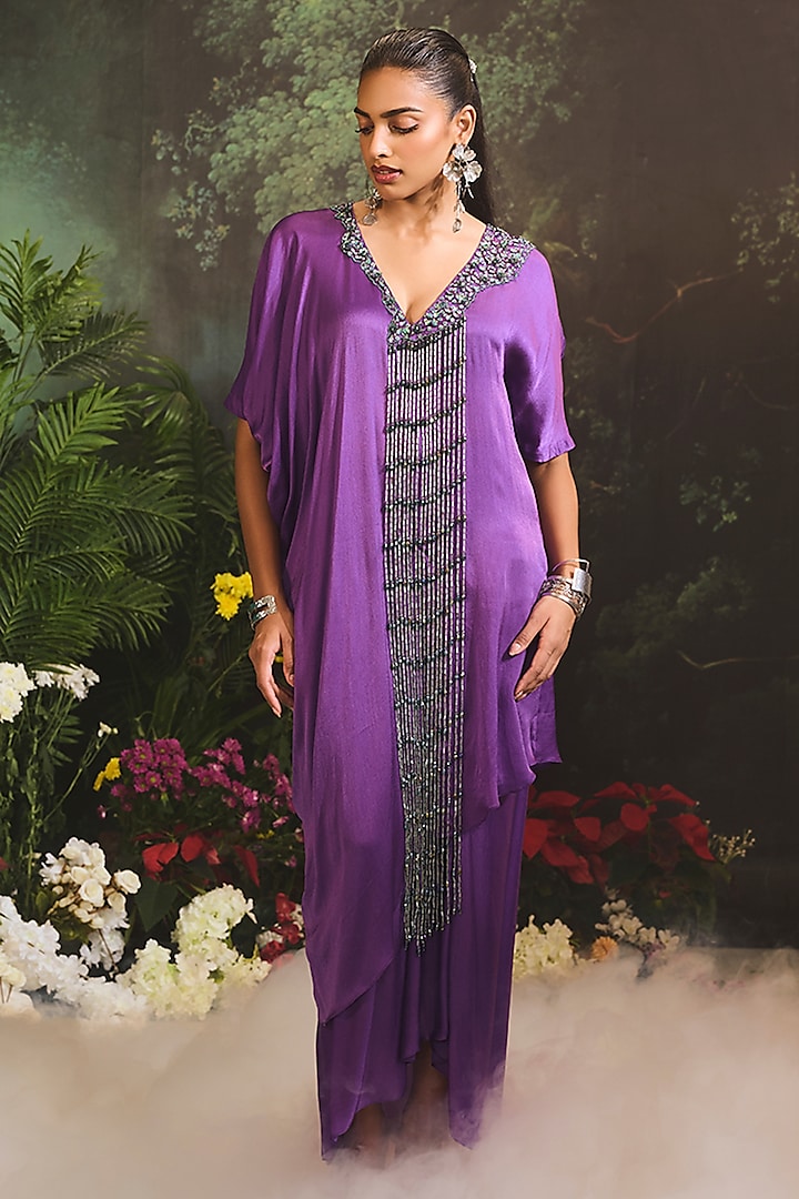 Purple Satin Georgette Embellished Asymmetric Kurta Set by Divya Aggarwal at Pernia's Pop Up Shop