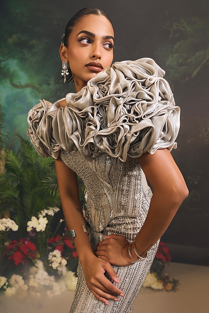 Silver Heavy Satin Embellished Corset Bridal Gown With Cape by Divya Aggarwal at Pernia's Pop Up Shop