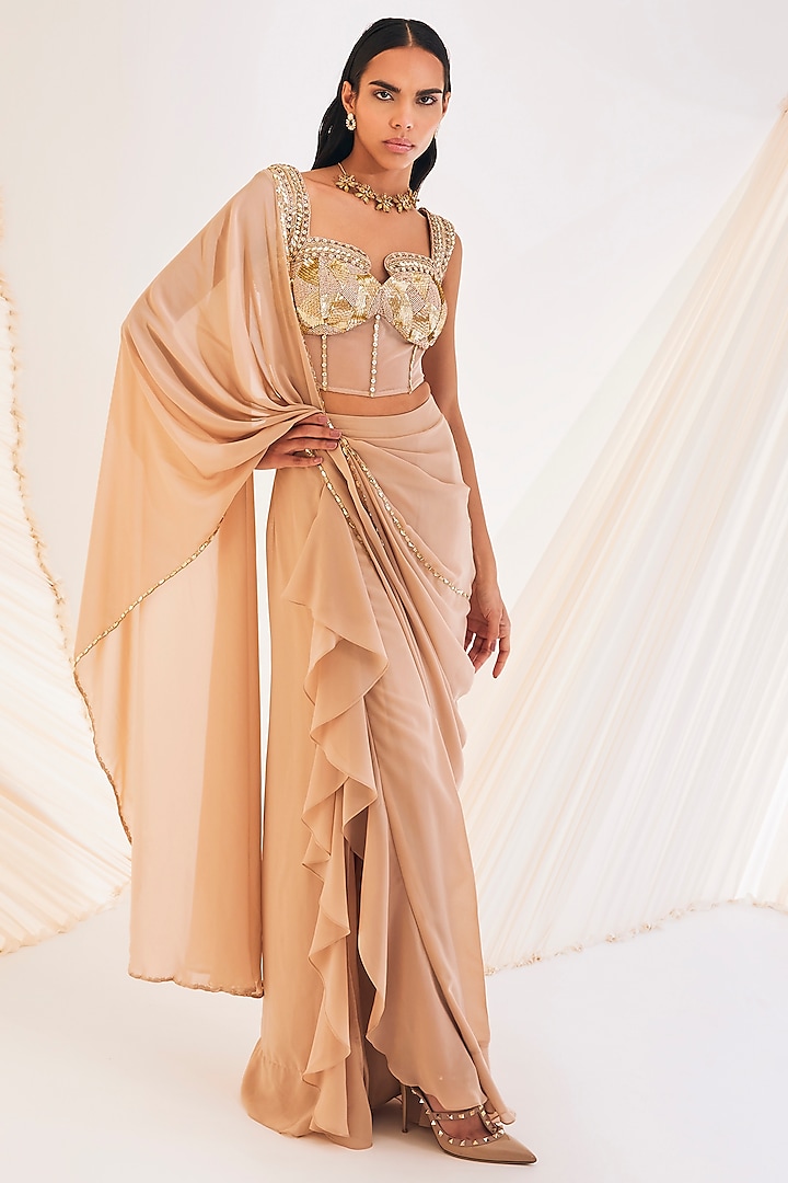 Beige Satin & Tulle Georgette Pre-Draped Saree Set by Divya Aggarwal