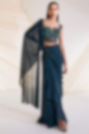 Evergreen Satin & Tulle Georgette Draped Saree Set by Divya Aggarwal