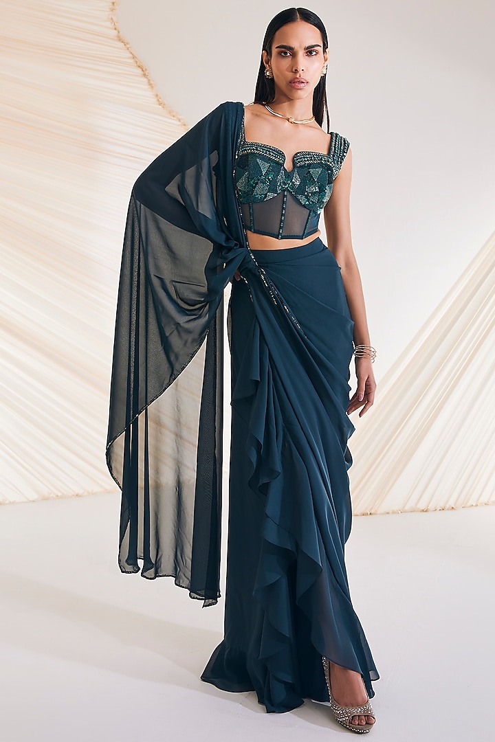Evergreen Satin & Tulle Georgette Draped Saree Set by Divya Aggarwal