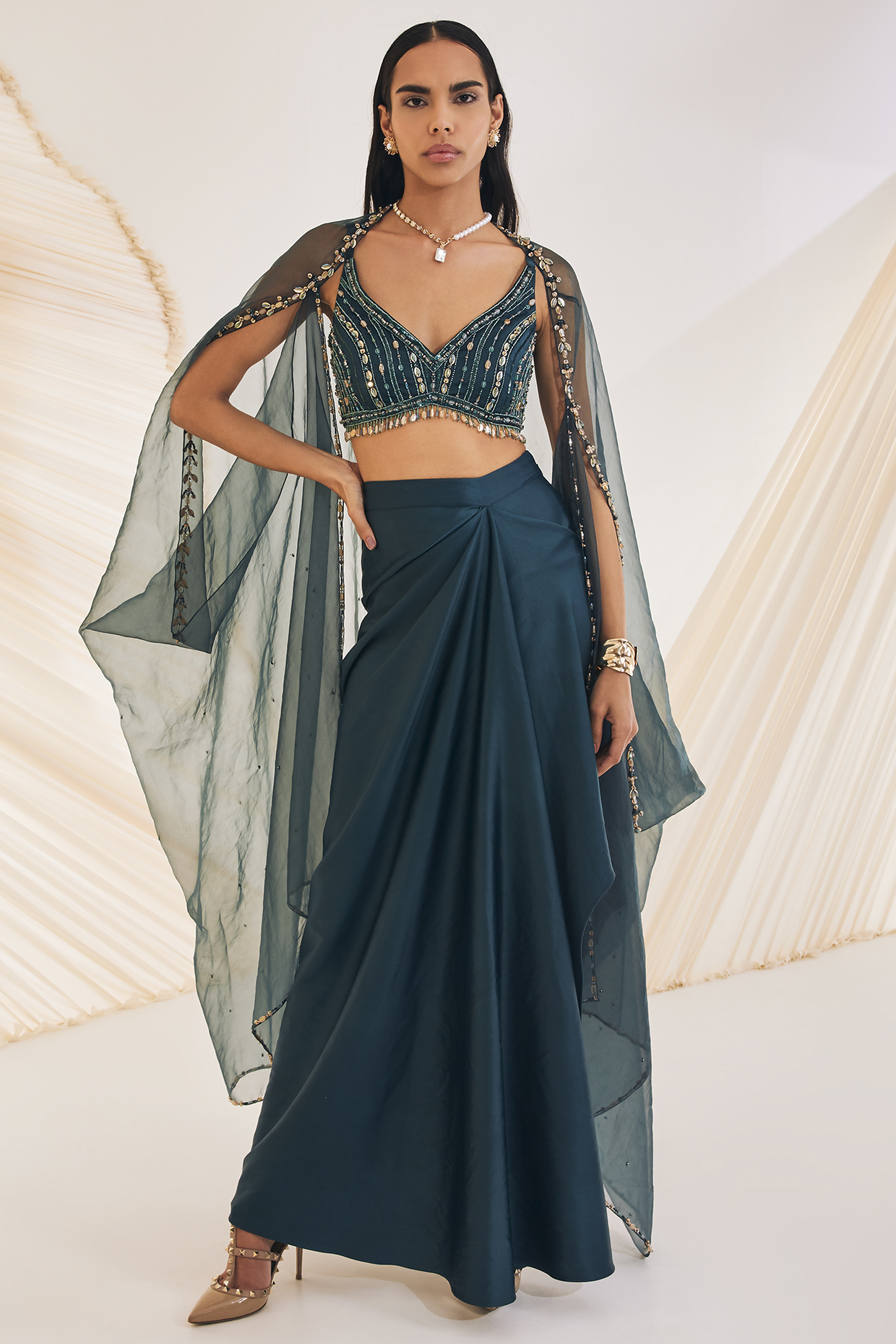Evergreen Satin Organza Draped Skirt Set by Divya Aggarwal