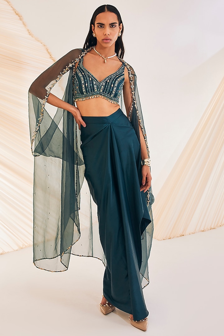 Evergreen Satin Organza Draped Skirt Set by Divya Aggarwal at Pernia's Pop Up Shop