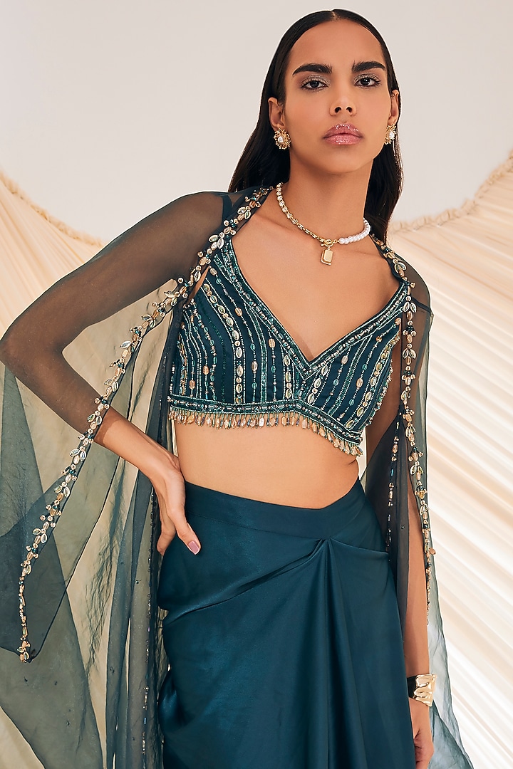 Evergreen Satin Organza Draped Skirt Set by Divya Aggarwal at Pernia's Pop Up Shop
