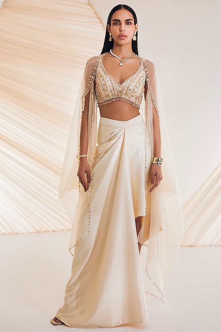 Ivory Satin Organza Hand Embroidered Skirt Set by Divya Aggarwal at Pernia's Pop Up Shop