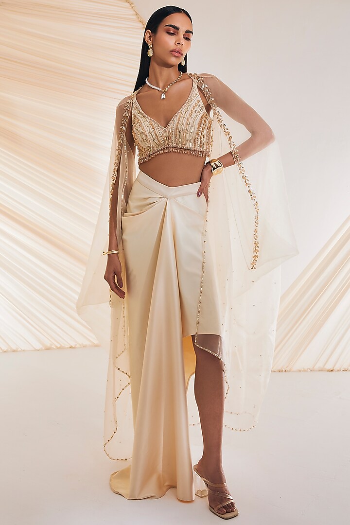 Ivory Satin Organza Hand Embroidered Skirt Set by Divya Aggarwal at Pernia's Pop Up Shop